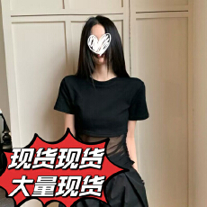批发夏季新款黑色<b class='q'>圆领</b>拼接镂空网纱收腰<b class='q'>T</b><b class='q'>恤</b>修身显瘦纯欲百搭上衣