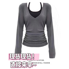 批发大码胖妹妹慵懒叠叠乐V领假两件长袖罩衫女<b class='q'>夏</b>季绑带收腰显瘦上衣