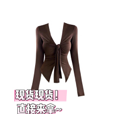 批发大码辣妹V领抽褶绑带针织长袖<b class='q'>T</b><b class='q'>恤</b><b class='q'>女</b>早秋内搭设计感修身显瘦短上衣