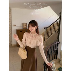 甜水仙 清楚系大小姐 定制古着蕾丝针织上衣水溶花边打底衫套装