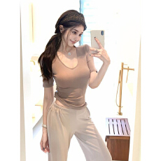 批发40支260克随心裁1*1 美式复古深V领五分<b class='q'>袖</b><b class='q'>T</b><b class='q'>恤</b>女夏季后背镂空上衣