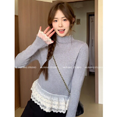 批发1*1罗纹德绒 法式蕾丝花边拼接设计内搭女秋冬新款半<b class='q'>高领</b><b class='q'>打底衫</b>