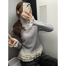 批发1*1罗纹德绒 法式蕾丝花边拼接设计内搭女秋冬新款半<b class='q'>高领</b><b class='q'>打底衫</b>