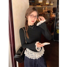 批发1*1罗纹德绒 法式蕾丝花边拼接设计内搭女秋冬新款半<b class='q'>高领</b><b class='q'>打底衫</b>