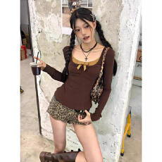 1*1罗纹德绒 法式绝美蝴蝶结装饰款上衣女秋冬新款撞色大方领内搭