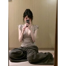 批发260克40支<b class='q'>莫代尔</b>随心裁1*1 荷叶边<b class='q'>T</b><b class='q'>恤</b>女纯欲风辣妹收腰显瘦上衣