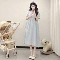 批发实拍 2026年夏季新款流星雨短袖蓝色温柔风孕妇连衣裙宽松显瘦