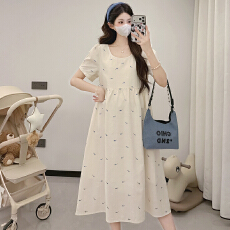 批发实拍 2026夏季新款孕妇小鱼图案宽松杏色连衣裙简约