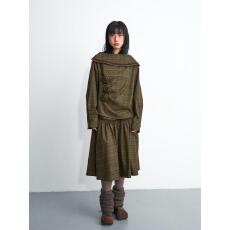 批发enteralt 原创暗绿格纹抓褶手工花朵上衣中长大摆显瘦伞裙套装