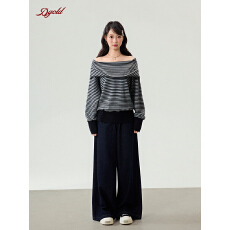 批发白小鱼原创韩系慵懒一字肩条纹连帽<b class='q'>套头卫衣</b>女春秋新款露肩帽衫