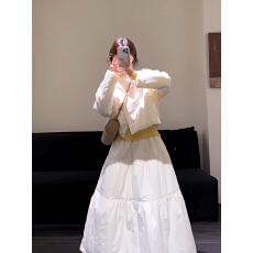 批发<b class='q'>韩国</b>chic冬季法式温柔风宽松长袖棉服外套高腰蛋糕裙半身裙套装