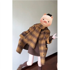 批发送围巾格纹圆领毛呢外套女<b class='q'>冬</b>季穿搭时尚宽松加厚中长款呢子大衣