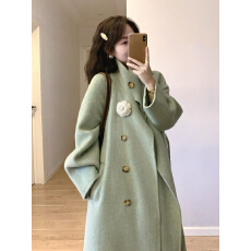 批发森系复古绿色立领呢子大衣女秋冬季韩版宽松阔显瘦中长款毛呢<b class='q'>外套</b>