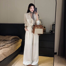 批发老钱风宽松白色翻领长袖<b class='q'>衬衫</b>高腰垂感阔腿裤两件套女秋冬休闲套装