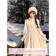 批发sinsingirl 尤莉花园 米白色厚款堆堆领针织拼接<b class='q'>连衣</b>裙秋冬季裙子
