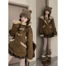 批发美式复古牛角扣连帽麂皮羊羔毛短外套女冬季独特漂亮宽松加厚上衣