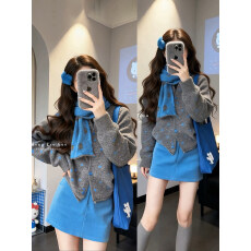 批发秋冬季穿搭一整套大码胖mm针织毛衣开衫短裙超火巨好看三件套装<b class='q'>女</b>