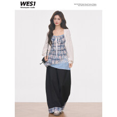 批发WESTAYONE外搭镂空罩衫+夏季新格纹吊带裙上衣+阔腿裤