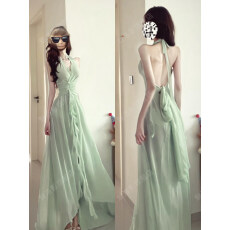 批发性感露背荷叶边立体花朵不规则长裙法式高级海边度假风挂脖<b class='q'>连衣裙</b>