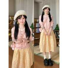 批发甜美风粉色假两件针织<b class='q'>开衫</b>毛衣外套2026早春漂亮套装碎花半身裙子
