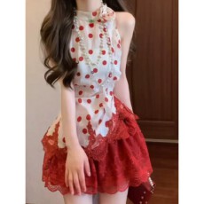 批发纯欲辣妹<b class='q'>套装</b>女夏季绝美穿搭气质波点挂脖上衣红色蕾丝半身短裙子
