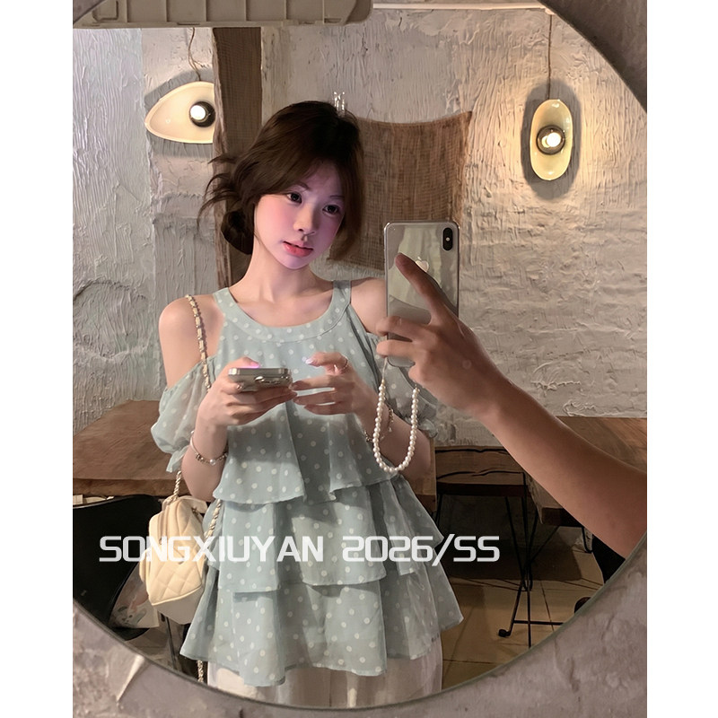 RY7874# 宋秀妍 SENIORS韩系少女绿色波点挂脖短袖衬衫减龄泡泡袖露肩上衣