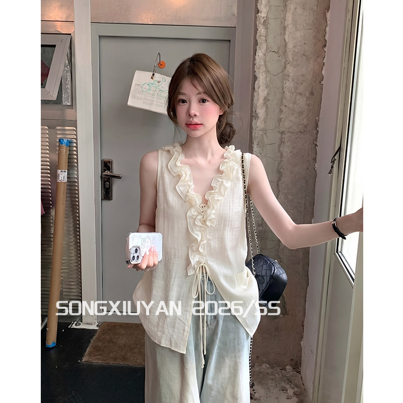 RY7878# 宋秀妍 SENIORS韩系少女感白色V领荷叶边衬衫氛围感减龄无袖上衣