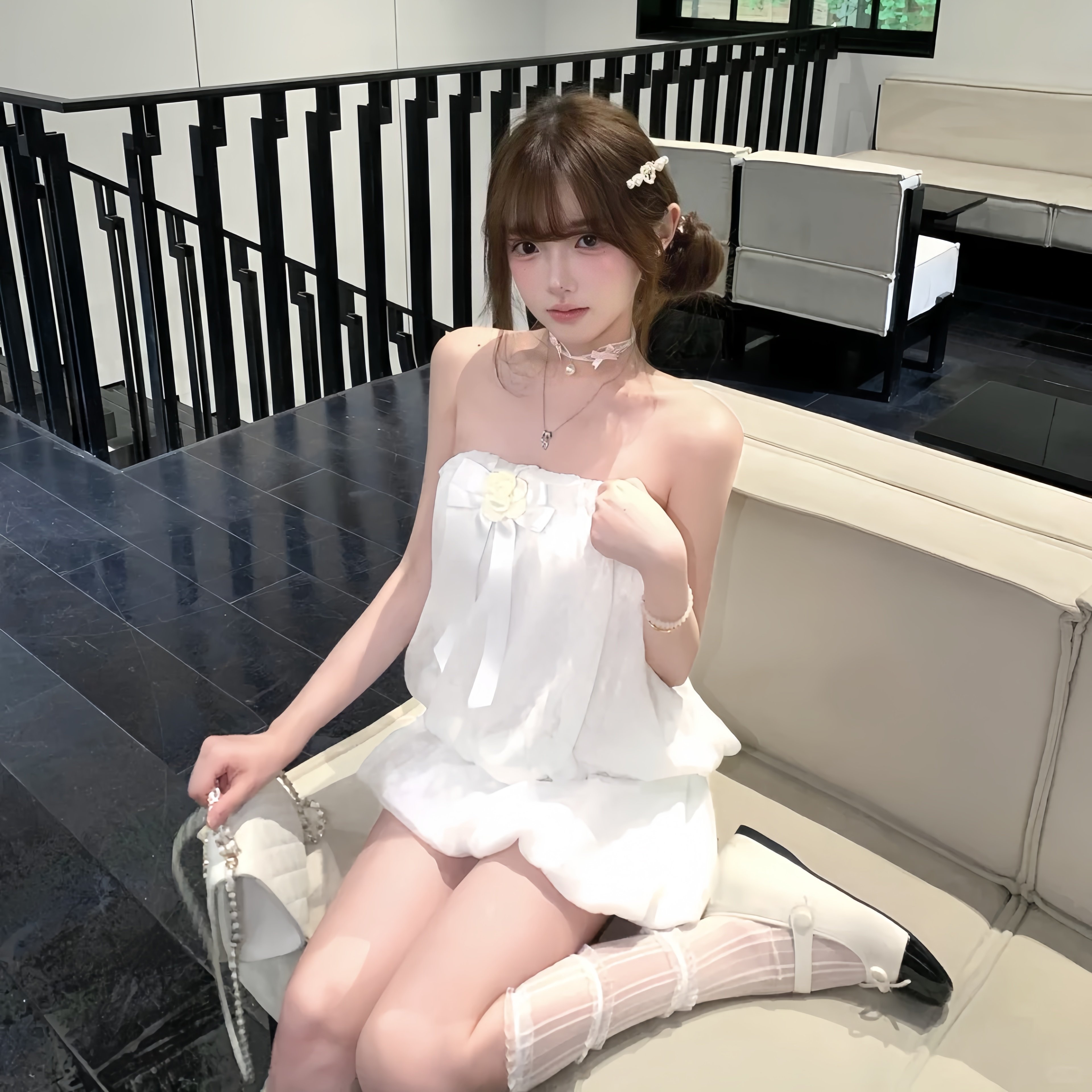 RY7882# 夏季韩系少女白色抹胸连衣裙女夏收腰气质休闲花苞裙俏皮短裙气质