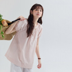 批发北岛AMUU原创少女感粉色泡泡袖<b class='q'>衬衫</b>女夏新款纯棉褶皱圆领上衣