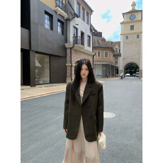 批发masalady studio飒纳 冬季灰绿色复古毛呢西装外套女韩系宽松西服