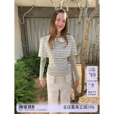 批发SOOMIE原创灰白条纹娃娃领斗篷长袖小衫女百搭<b class='q'>可爱</b>显瘦收腰上衣