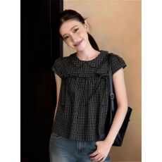 批发娃娃领格子短袖衬衫女2026年夏季超好看复古绑带显瘦设计感上衣<b class='q'>潮</b>