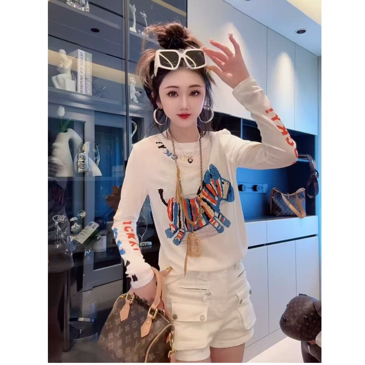 FA36770# 彩色小马字母印花薄款长袖T恤女夏季新款宽松防晒罩衫 服裝批發女裝批發服飾貨源