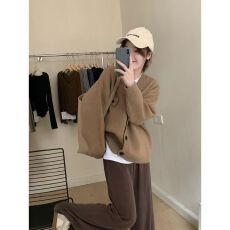 批发韩版灰色V领针织开衫外套女春秋外穿宽松慵懒毛衣高级感软糯上衣