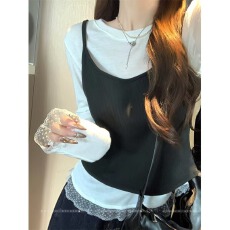 批发韩系蕾丝花边纯色长袖t恤女秋季<b class='q'>甜美</b>叠穿吊带背心修身上衣