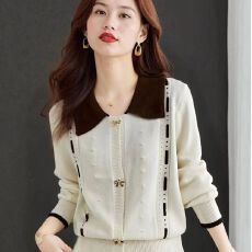 批发2025年秋冬新款<b class='q'>韩版</b>甜美减龄拼色娃娃领蝴蝶结纽扣长袖开衫上衣女