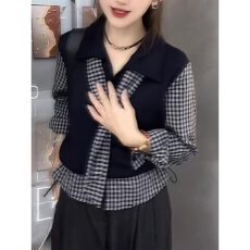 批发韩版黑色拼接格子上衣女独特设计感百搭休闲宽松显瘦早秋新款2025