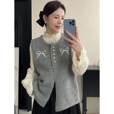 批发韩系穿搭蝴蝶结针织衫背心秋冬温柔马甲开衫叠穿上衣
