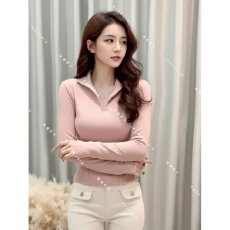 批发半高领拉链褶皱收腰正肩<b class='q'>长袖</b><b class='q'>T</b><b class='q'>恤</b>修身显瘦设计感打底衫上衣