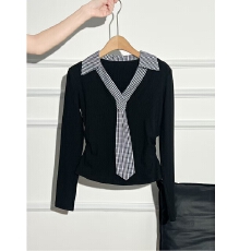 批发复古格纹领带V领<b class='q'>长袖</b><b class='q'>T</b><b class='q'>恤</b>女秋修身显瘦假两件上衣