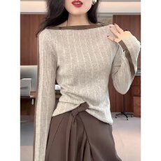 批发韩系撞色一字肩长袖T恤<b class='q'>女装</b>秋季<b class='q'>大码</b>胖MM显瘦内搭打底衫减龄上衣