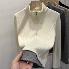 批发[设计感小众半拉链立领长袖<b class='q'>T</b><b class='q'>恤</b>女秋冬内搭外穿修身德绒打底衫