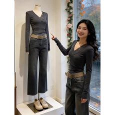 人棉磨毛260克设计感蕾丝边v领打底