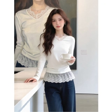 批发法式小香风蕾丝花边T恤上衣女棉质内搭
