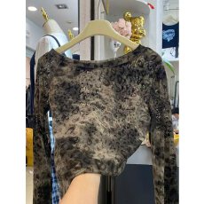 批发美式<b class='q'>街头</b>风甜酷感长袖上衣露肩性感罩衫秋豹纹印花T恤