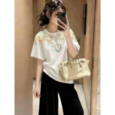 批发纯棉仿刺绣印花孔雀花纹短袖T恤宽松圆领上衣<b class='q'>潮</b>