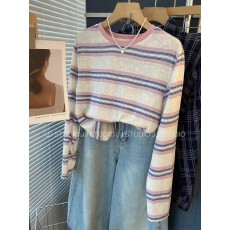 批发韩国东大门<b class='q'>甜美</b>彩色条纹宽松长袖女春上衣打底衫