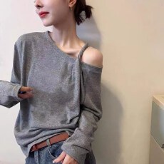 批发雪花棉斜肩露肩长袖T恤女<b class='q'>韩版</b>宽松显瘦内搭打底衫设计感上衣