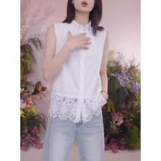 批发白色木耳边蕾丝打底马甲衬衫女2026春新款无袖钩花叠穿上衣高级感
