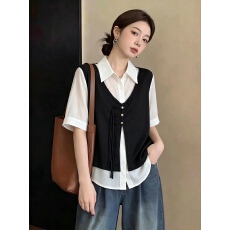 批发假两件马甲拼接短袖衬衫女2026夏新款大码<b class='q'>胖</b>mm<b class='q'>显瘦</b>减龄巨好看上衣